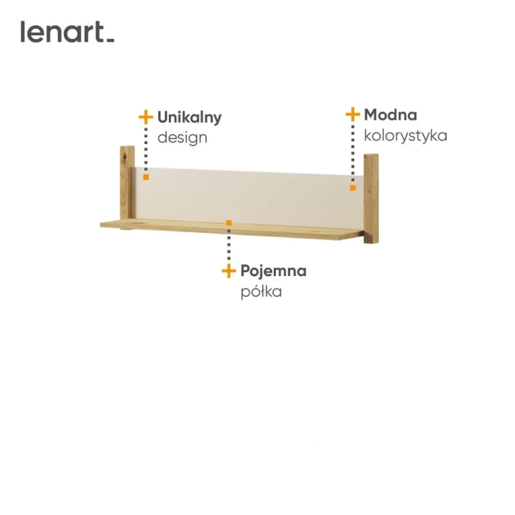 Półka wisząca Lenny w kolorach dąb artisan i beż, idealna do przechowywania książek i dekoracji w pokoju młodzieżowym lub salonie. Nowoczesny design i trwałe wykończenie.