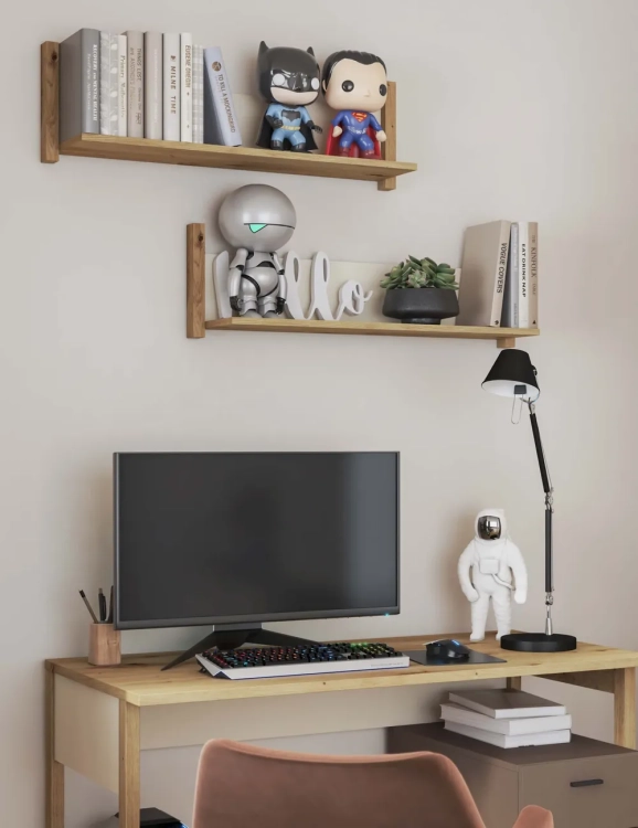 Półka wisząca Lenny w kolorach dąb artisan i beż, idealna do przechowywania książek i dekoracji w pokoju młodzieżowym lub salonie. Nowoczesny design i trwałe wykończenie.