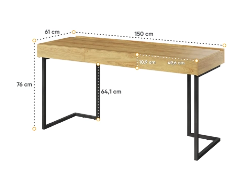 Biurko młodzieżowe Teen Flex, nowoczesne, hikora naturalna, grafitowe nogi, 150x76x61 cm, 3 szuflady, styl loft, ergonomiczne.