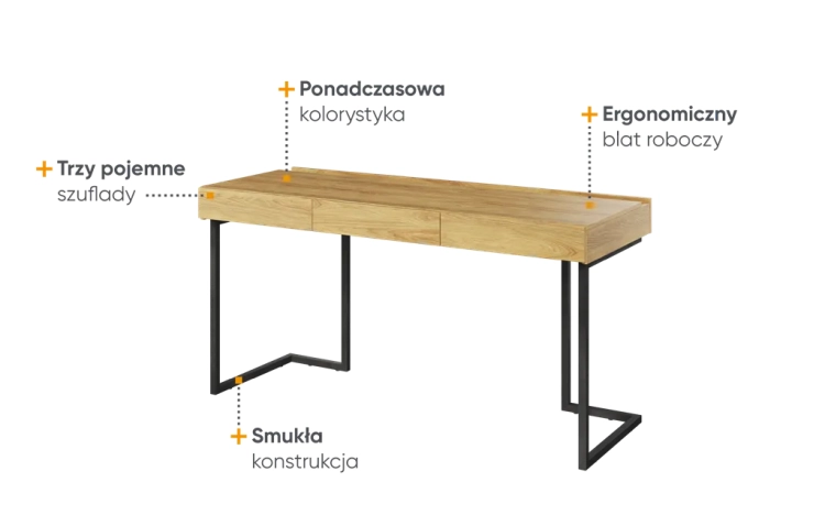 Biurko młodzieżowe Teen Flex, nowoczesne, hikora naturalna, grafitowe nogi, 150x76x61 cm, 3 szuflady, styl loft, ergonomiczne.