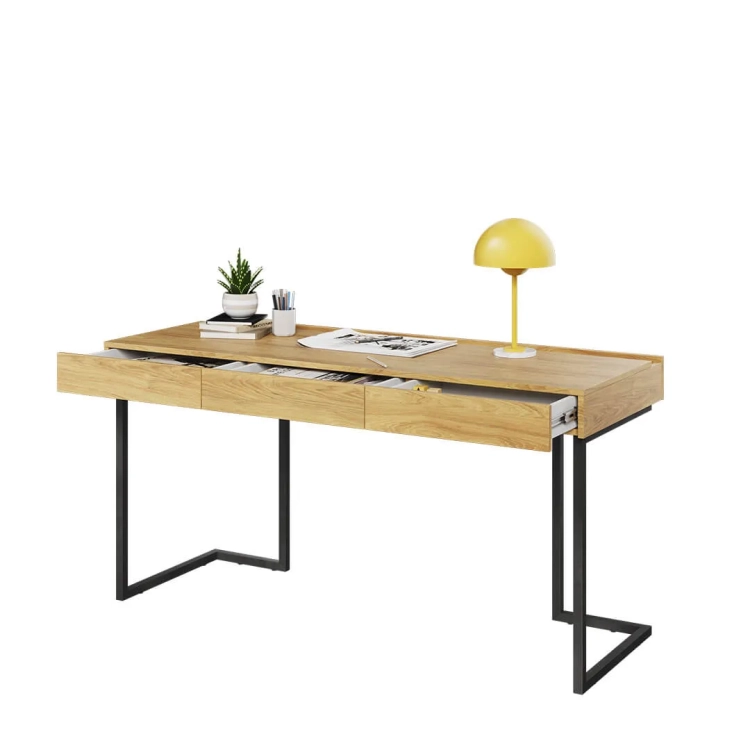 Biurko młodzieżowe Teen Flex, nowoczesne, hikora naturalna, grafitowe nogi, 150x76x61 cm, 3 szuflady, styl loft, ergonomiczne.