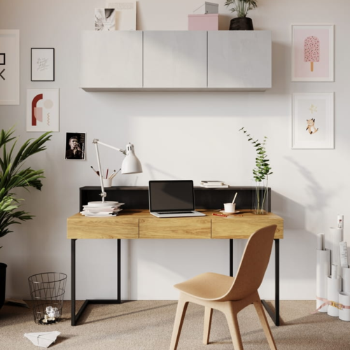 Biurko młodzieżowe Teen Flex, nowoczesne, hikora naturalna, grafitowe nogi, 150x76x61 cm, 3 szuflady, styl loft, ergonomiczne.