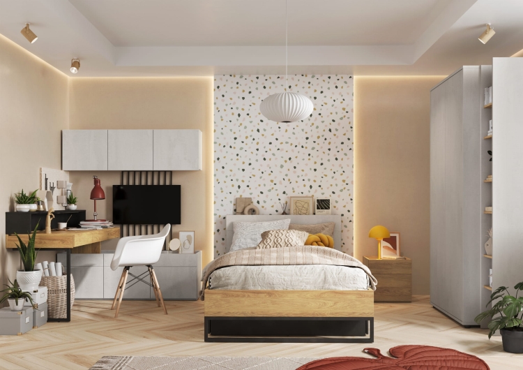 Biurko młodzieżowe Teen Flex, nowoczesne, hikora naturalna, grafitowe nogi, 150x76x61 cm, 3 szuflady, styl loft, ergonomiczne.