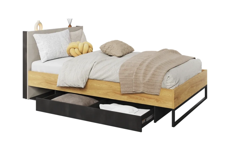 Stylowe łóżko młodzieżowe Teen Flex 120x200 cm w stylu loft z wysokim zagłówkiem, pojemną szufladą i oświetleniem LED, idealne do pokoju nastolatka.