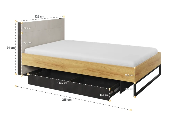 Stylowe łóżko młodzieżowe Teen Flex 120x200 cm w stylu loft z wysokim zagłówkiem, pojemną szufladą i oświetleniem LED, idealne do pokoju nastolatka.