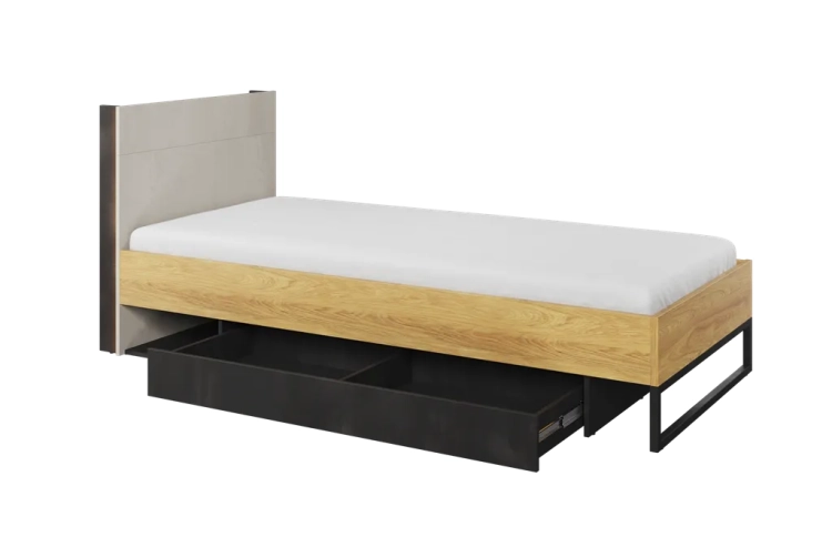 Nowoczesne łóżko Teen Flex 90x200 cm w stylu loft z wysokim zagłówkiem, półką i oświetleniem LED, idealne do pokoju młodzieżowego.