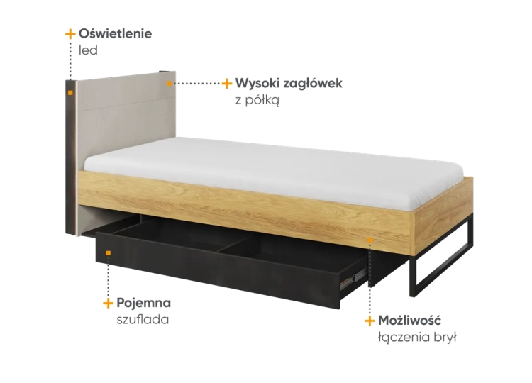 Nowoczesne łóżko Teen Flex 90x200 cm w stylu loft z wysokim zagłówkiem, półką i oświetleniem LED, idealne do pokoju młodzieżowego.