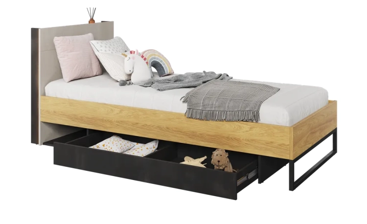 Nowoczesne łóżko Teen Flex 90x200 cm w stylu loft z wysokim zagłówkiem, półką i oświetleniem LED, idealne do pokoju młodzieżowego.