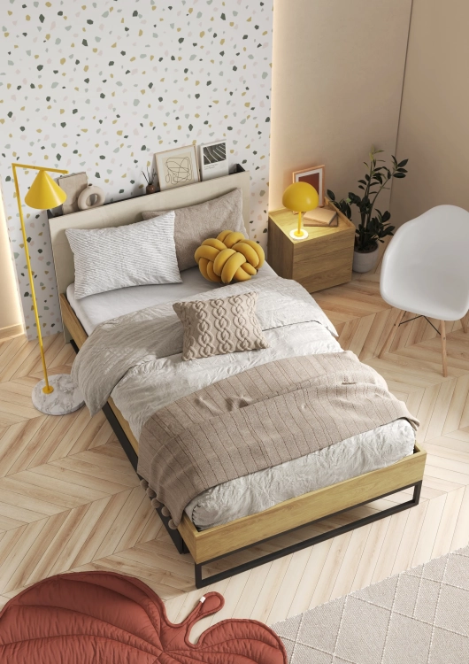 Nowoczesne łóżko Teen Flex 90x200 cm w stylu loft z wysokim zagłówkiem, półką i oświetleniem LED, idealne do pokoju młodzieżowego.