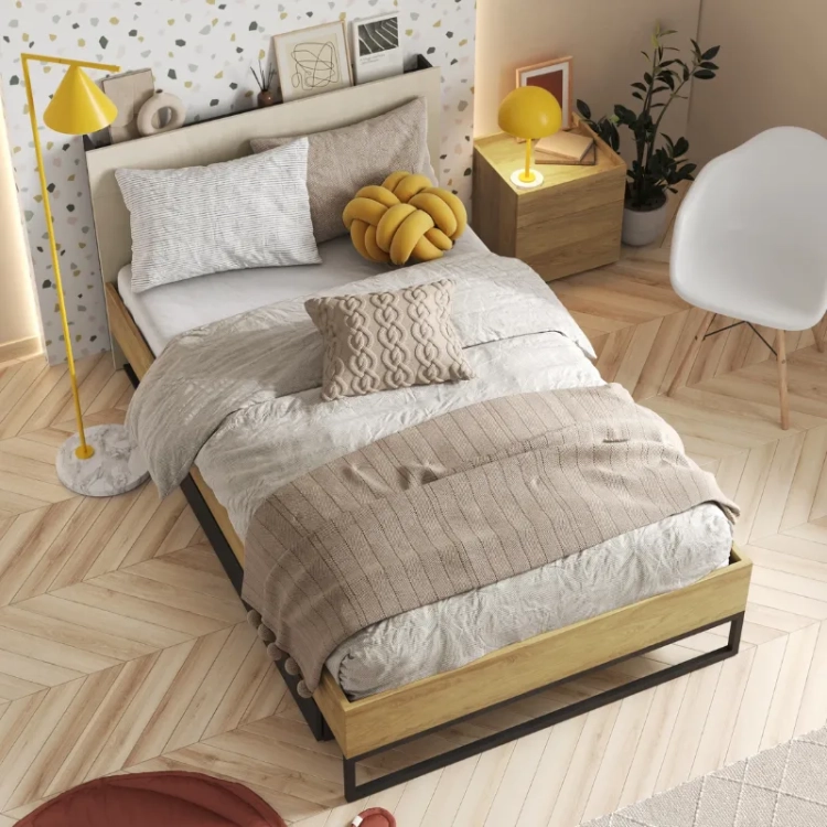 Nowoczesne łóżko Teen Flex 90x200 cm w stylu loft z wysokim zagłówkiem, półką i oświetleniem LED, idealne do pokoju młodzieżowego.