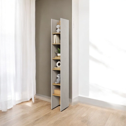 Wąski regał Teen Flex w kolorze silk flou i hikora naturalna, nowoczesny regał na książki i ozdoby do pokoju młodzieżowego, idealny do małych wnętrz.