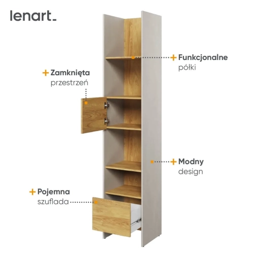 Szeroki regał Teen Flex w kolorze silk flou i hikora naturalna, nowoczesny regał z półkami, szufladą i szafką do pokoju młodzieżowego, idealny na książki i dekoracje.