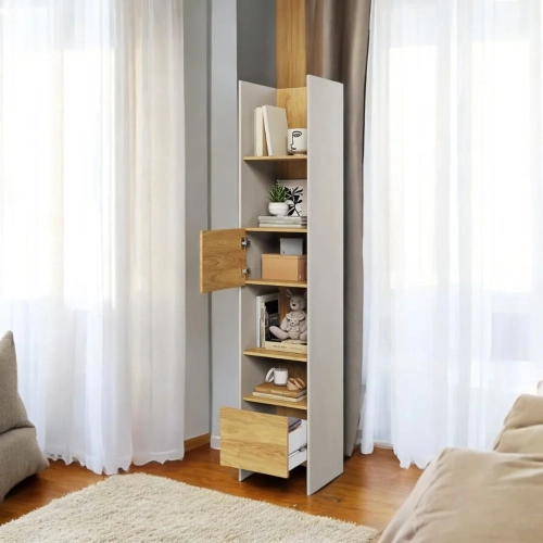 Szeroki regał Teen Flex w kolorze silk flou i hikora naturalna, nowoczesny regał z półkami, szufladą i szafką do pokoju młodzieżowego, idealny na książki i dekoracje.