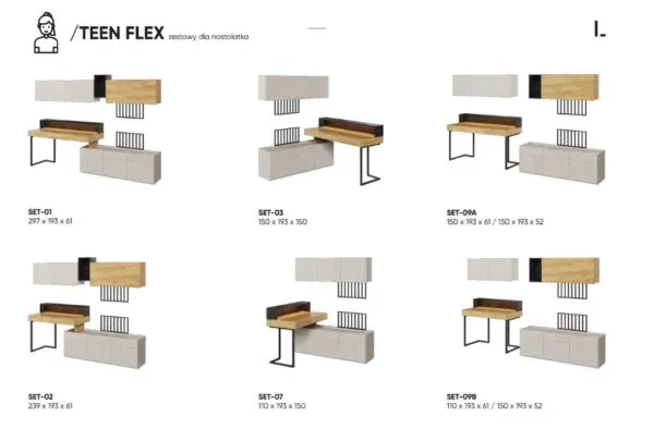 Nowoczesne biurko z zabudową Teen Flex 1 w kolorze silk flou i hikora naturalna, zestaw z półkami, szufladami i oświetleniem LED, idealny do pokoju młodzieżowego dla nastolatka.