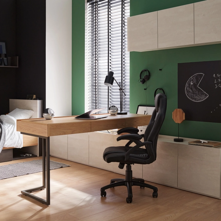 Nowoczesne biurko z zabudową Teen Flex 1 w kolorze silk flou i hikora naturalna, zestaw z półkami, szufladami i oświetleniem LED, idealny do pokoju młodzieżowego dla nastolatka.