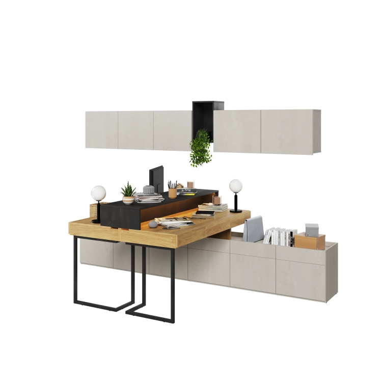 Zestaw mebli Teen Flex 6 – nowoczesny komplet biurek z nadstawkami, szafkami wiszącymi, półkami i szafkami stojącymi w kolorach silk flou, hikora naturalna i surowa stal. Idealne do funkcjonalnego pokoju młodzieżowego.