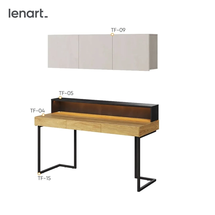 Loftowe biurko Teen Flex 9 z szafką wiszącą i nadstawką w kolorach silk flou, hikora naturalna i raw steel. Idealne meble do pokoju nastolatka w nowoczesnym stylu.