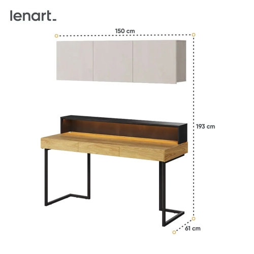 Loftowe biurko Teen Flex 9 z szafką wiszącą i nadstawką w kolorach silk flou, hikora naturalna i raw steel. Idealne meble do pokoju nastolatka w nowoczesnym stylu.
