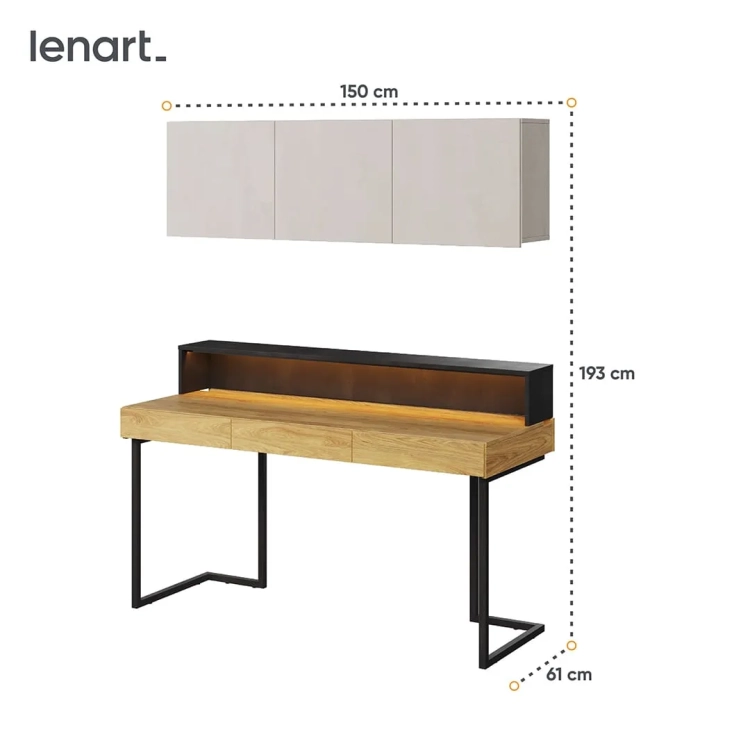 Loftowe biurko Teen Flex 9 z szafką wiszącą i nadstawką w kolorach silk flou, hikora naturalna i raw steel. Idealne meble do pokoju nastolatka w nowoczesnym stylu.