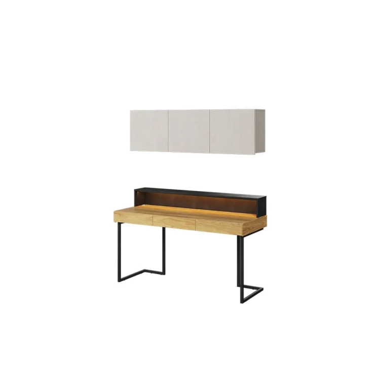Loftowe biurko Teen Flex 9 z szafką wiszącą i nadstawką w kolorach silk flou, hikora naturalna i raw steel. Idealne meble do pokoju nastolatka w nowoczesnym stylu.