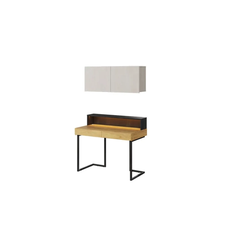 Nowoczesne biurko z nadstawką i szafką wiszącą Teen Flex 10 w kolorach silk flou, hikora naturalna i raw steel, idealne do pokoju młodzieżowego.