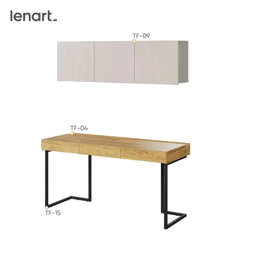 Nowoczesne biurko z nadstawką i szafką wiszącą Teen Flex 11 w kolorach silk flou, hikora naturalna i raw steel, idealne do pokoju młodzieżowego.