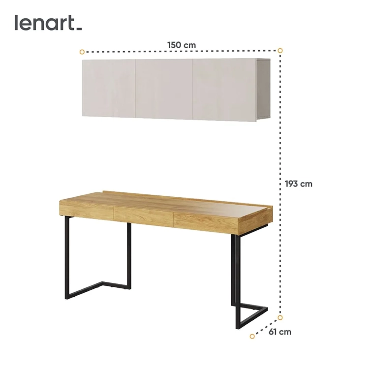 Nowoczesne biurko z nadstawką i szafką wiszącą Teen Flex 11 w kolorach silk flou, hikora naturalna i raw steel, idealne do pokoju młodzieżowego.