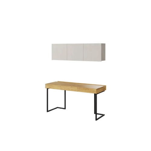 Nowoczesne biurko z nadstawką i szafką wiszącą Teen Flex 11 w kolorach silk flou, hikora naturalna i raw steel, idealne do pokoju młodzieżowego.