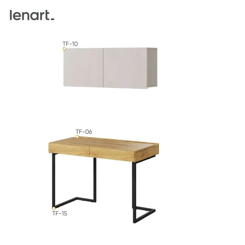 Biurko z zabudową Teen Flex 12 w kolorach silk flou, hikora naturalna i raw steel, z szafką wiszącą i oświetleniem LED do pokoju młodzieżowego.