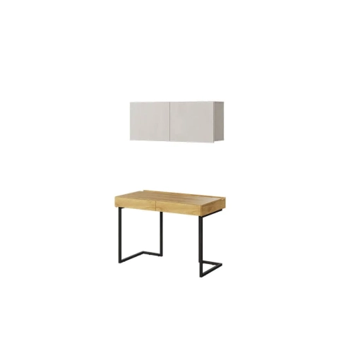 Biurko z zabudową Teen Flex 12 w kolorach silk flou, hikora naturalna i raw steel, z szafką wiszącą i oświetleniem LED do pokoju młodzieżowego.