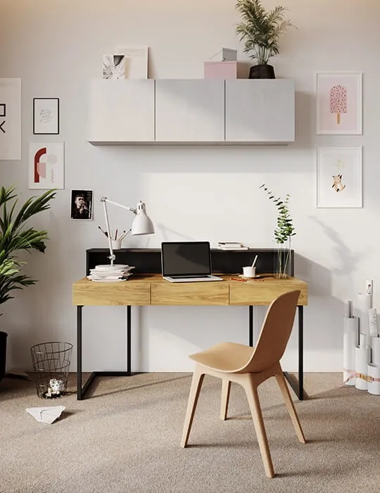 Loftowe biurko Teen Flex 9 z szafką wiszącą i nadstawką w kolorach silk flou, hikora naturalna i raw steel. Idealne meble do pokoju nastolatka w nowoczesnym stylu.