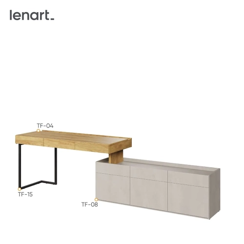Biurko z zabudową Teen Flex 13 w kolorach silk flou, hikora naturalna i raw steel, z szufladami, szafką i oświetleniem LED, idealne do pokoju młodzieżowego.