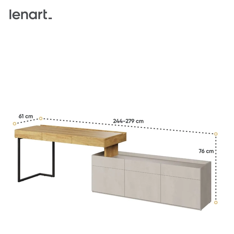 Biurko z zabudową Teen Flex 13 w kolorach silk flou, hikora naturalna i raw steel, z szufladami, szafką i oświetleniem LED, idealne do pokoju młodzieżowego.
