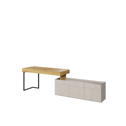 Biurko z zabudową Teen Flex 13 w kolorach silk flou, hikora naturalna i raw steel, z szufladami, szafką i oświetleniem LED, idealne do pokoju młodzieżowego.