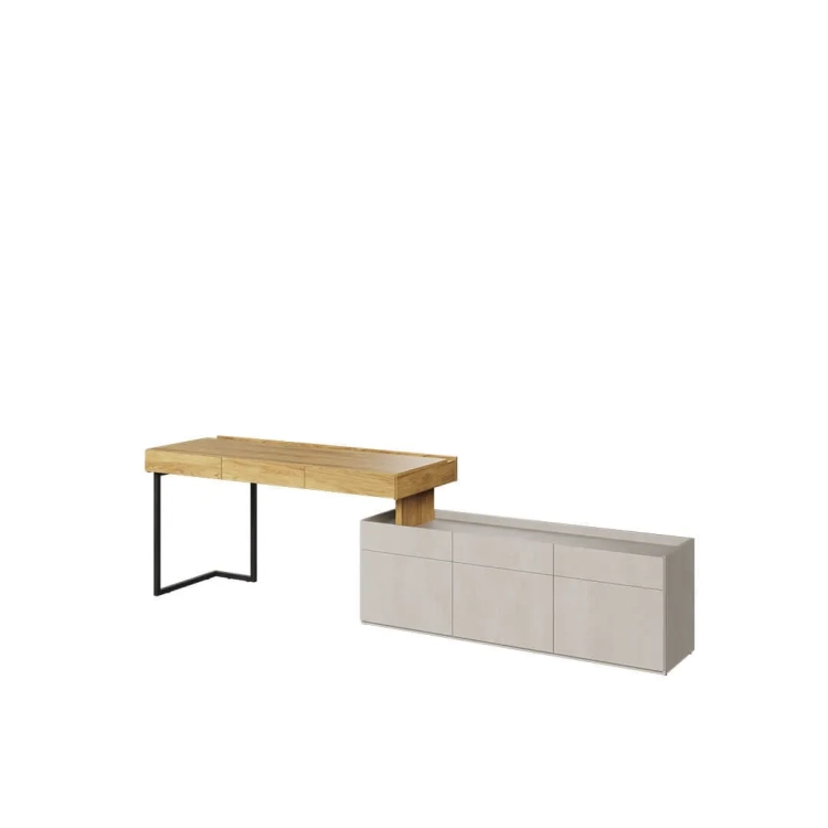 Biurko z zabudową Teen Flex 13 w kolorach silk flou, hikora naturalna i raw steel, z szufladami, szafką i oświetleniem LED, idealne do pokoju młodzieżowego.