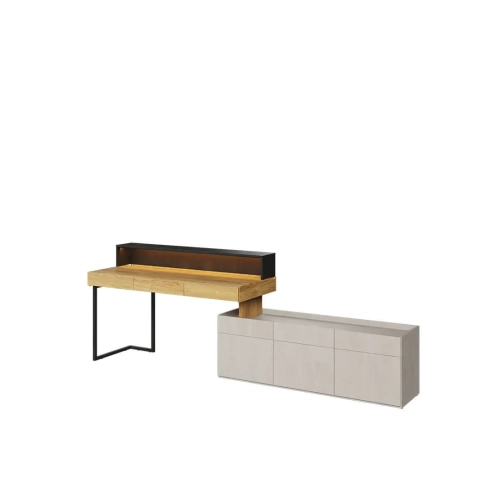 Biurko z zabudową Teen Flex 15 w kolorach silk flou, hikora naturalna i raw steel, z nadstawką, szafką i LED, idealne do pokoju młodzieżowego.