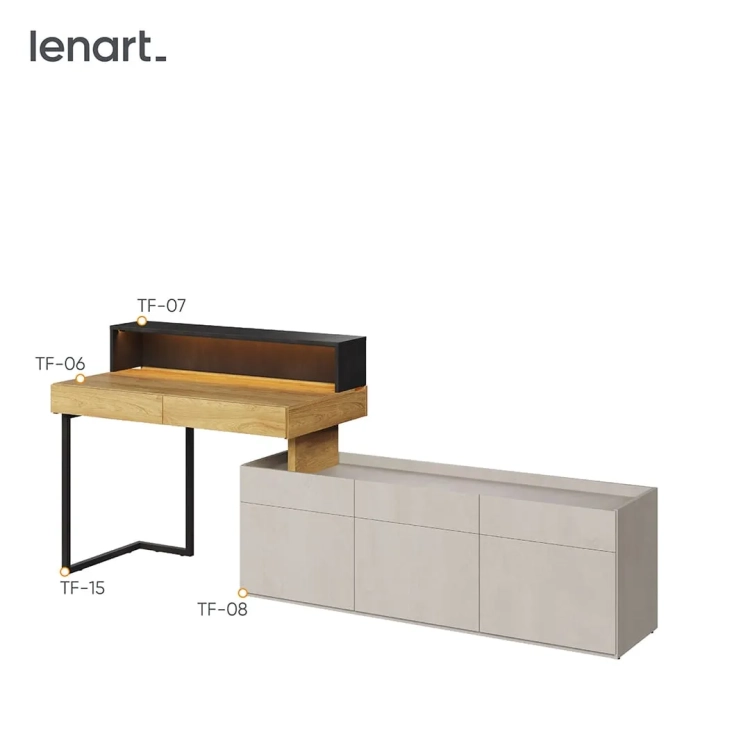 Biurko z zabudową Teen Flex 16 w kolorze silk flou z elementami hikory naturalnej i surowej stali, z nadstawką, szafką i oświetleniem LED, idealne do pokoju młodzieżowego.