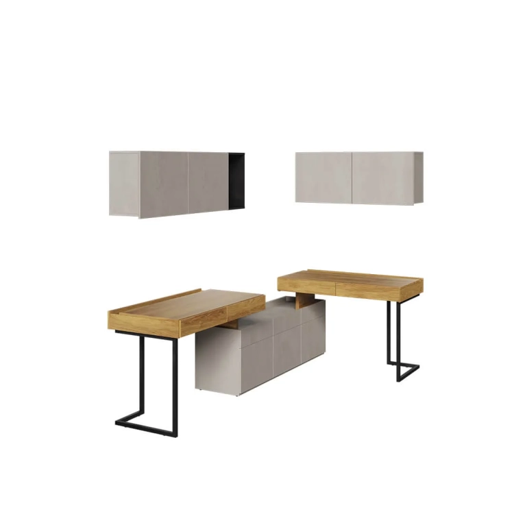 Zestaw mebli młodzieżowych Teen Flex 18 w kolorystyce silk flou i hikory naturalnej, z biurkami, szafkami wiszącymi i półkami, idealny dla rodzeństwa w nowoczesnym stylu.