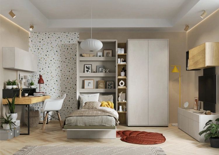 Nowoczesne biurko z zabudową Teen Flex 1 w kolorze silk flou i hikora naturalna, zestaw z półkami, szufladami i oświetleniem LED, idealny do pokoju młodzieżowego dla nastolatka.