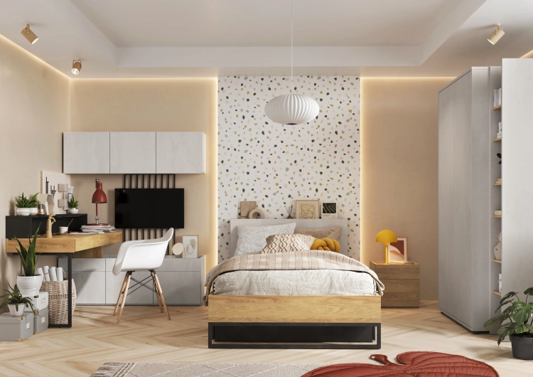 Nowoczesne biurko z zabudową Teen Flex 1 w kolorze silk flou i hikora naturalna, zestaw z półkami, szufladami i oświetleniem LED, idealny do pokoju młodzieżowego dla nastolatka.