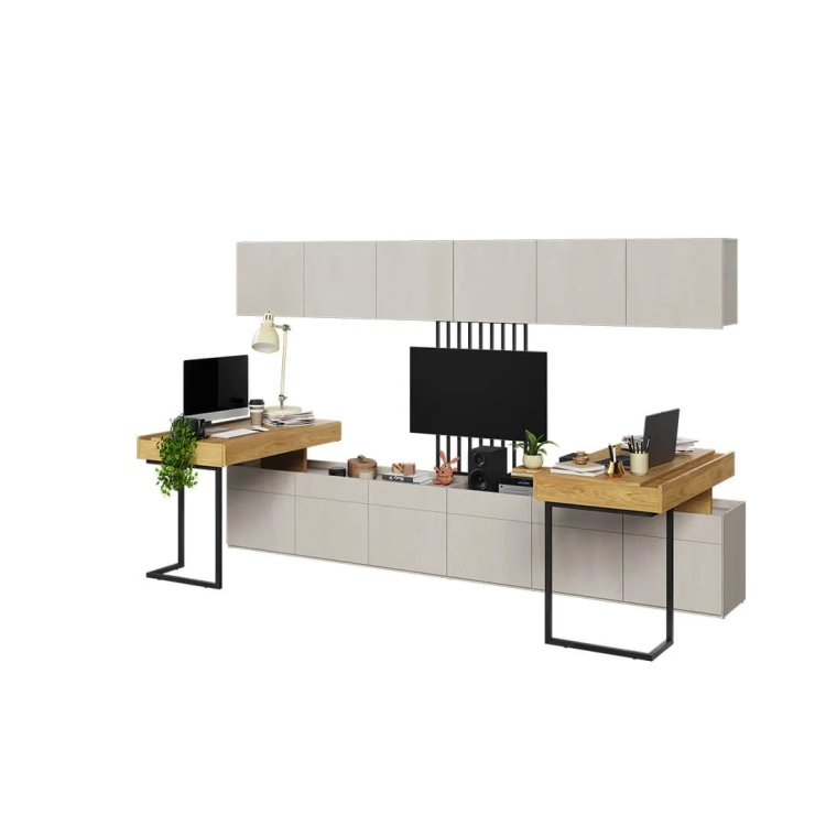 Zestaw mebli młodzieżowych Teen Flex 20 – biurka z szafkami, półkami i podświetlanymi panelami LED w nowoczesnym stylu silk flou i hikora naturalna.