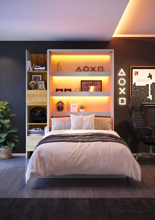 Łóżko chowane Teen Flex 120x200 cm, kolor kaszmirowy, beżowy styl nowoczesny, idealne do małych pokoi młodzieżowych z funkcją składania.