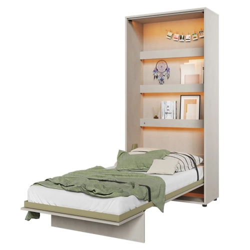 Łóżko chowane z regałem Teen Flex 90x200 cm, kolor silk flou, nowoczesny styl, półkotapczan pionowy dla dziecka, idealne do małych pokoi młodzieżowych, funkcja składania i możliwość doposażenia w LED.