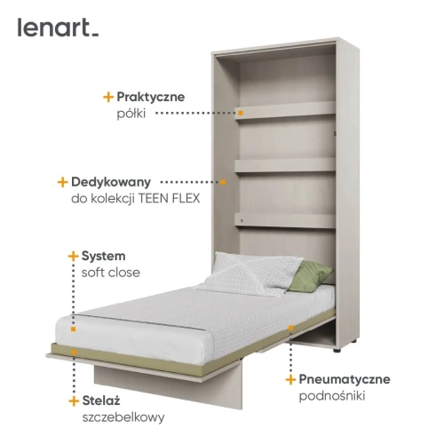 Łóżko chowane z regałem Teen Flex 90x200 cm, kolor silk flou, nowoczesny styl, półkotapczan pionowy dla dziecka, idealne do małych pokoi młodzieżowych, funkcja składania i możliwość doposażenia w LED.