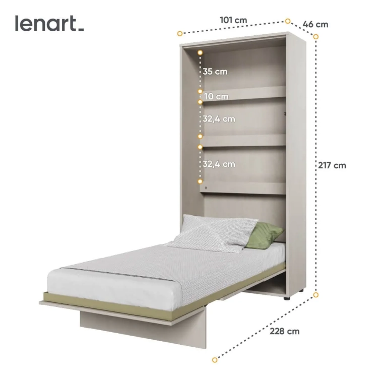 Łóżko chowane z regałem Teen Flex 90x200 cm, kolor silk flou, nowoczesny styl, półkotapczan pionowy dla dziecka, idealne do małych pokoi młodzieżowych, funkcja składania i możliwość doposażenia w LED.