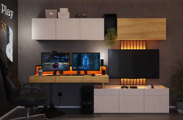Panel ścienny LED Teen Flex, czarny, 57x30x3 cm, designerskie lamele z pomarańczowym światłem, nowoczesny styl, 2 sztuki w zestawie.