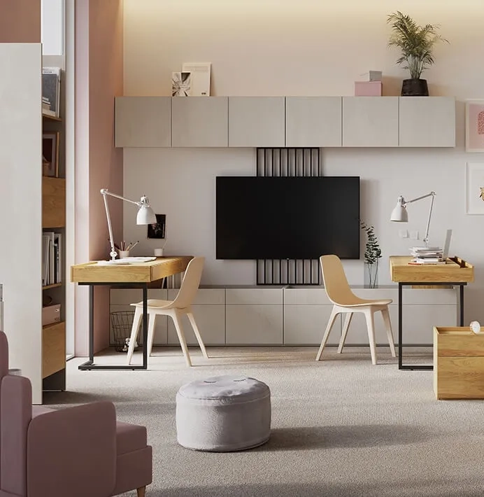 Niska szafka Teen Flex, 3-drzwiowa, kolor silk flou, 150x52x42 cm, nowoczesny design, 6 półek, obniżony blat, bezuchwytowe fronty. Idealna jako szafka RTV.