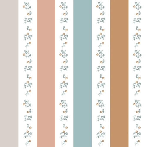Tapeta w kolorowe pasy i kwiaty retro – Portofino Colour Stripes with Flowers, ekologiczna, 280x100 cm, żywe kolory i delikatne kwiaty, idealna do pokoju dziewczynki.