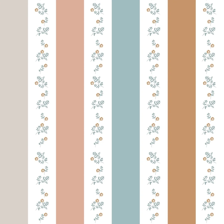 Tapeta w kolorowe pasy i kwiaty retro – Portofino Colour Stripes with Flowers, ekologiczna, 280x100 cm, żywe kolory i delikatne kwiaty, idealna do pokoju dziewczynki.