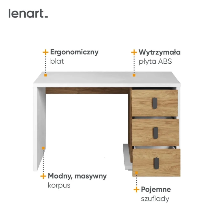 Białe biurko Simi w stylu nowoczesnym z naturalnym wykończeniem drewnianym, trzema szufladami, ergonomiczny blat o szerokości 125 cm, idealne do pokoju dziecka i nastolatka.
